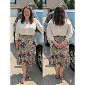 Coldwater Creek Skirt Size 2X Plus Green Purple Floral Midi Lined Flounce Hem...